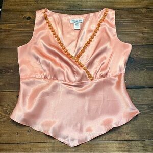 Vintage 90s Y2K Peach Pink Satin Beaded Babydoll Camisole Tank Top Womens 10